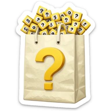 crumbled white goodie bag with yellow questions mark boxes stuffed in it sticker