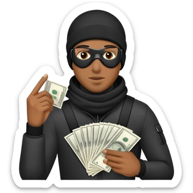 black man holding a money back with a ski mask sticker