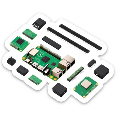 group of hardware parts like raspberry pi , chips, sensors, and cameras.  sticker