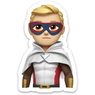 Emoji of Homelander from ‘The Boys’ series. USA flag-inspired costume with cape (red, blue, white). Confident, slightly menacing expression. sticker