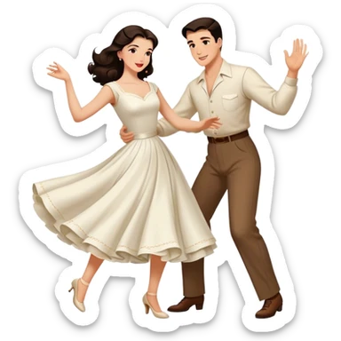 Beautiful woman in 1950’s woman fashion look, white dress, long dark brown hair, balboa couple dance  sticker