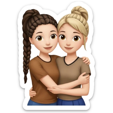 Comforting Hug two white skin women, one shorter woman with brown simple top ponytail, not braided, and one taller woman with long black side braid sticker