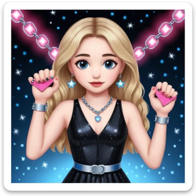 Sabrina carpenter at concert wearing a black sparkly dress with a silver sparkle v neck she is holding up pink handcuffs towards audience and kneeling, blue and red lights setting  sticker