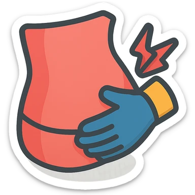 extreme close-up of a person's stomach with one hand clutching the side, showing discomfort, only the stomach and hand, no face, 2D isometric illustration style sticker