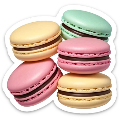 Cinematic Realistic Macaroon Dessert Emoji, showcasing colorful, delicate meringue-based cookies with a crisp exterior rendered with vibrant textures and playful, soft lighting. sticker