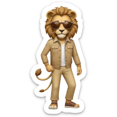 anthropomorphised lion in casual clothes with sunglasses walking upright, relaxed pose sticker