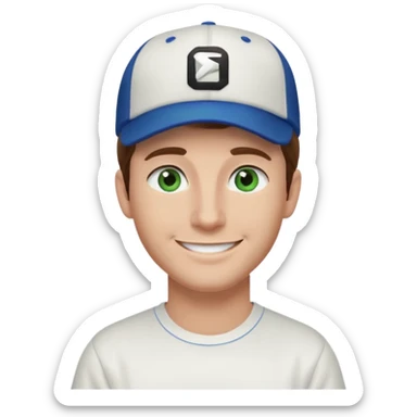 Brown hair man white tshirt black baseball hat green/blue eyes sticker
