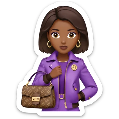 Beautiful black woman wearing a brown monogram Fendi jacket and carrying a purple Fendi baguette bag. I want the image to start at her head and end at the waist sticker