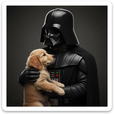Photo of a darth vader holding puppy golden retriver, low key light sticker