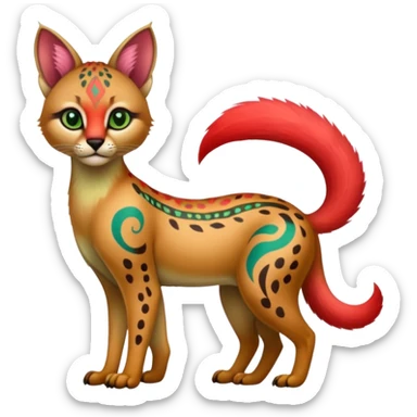 Colorful cute adorable tropical exotic fruity kiwi-green lemony rosy neon-red Caracal-Cheetah-Civet-Trico-fusion-hybrid-animal-creature, full body, with tribal tattoos sticker
