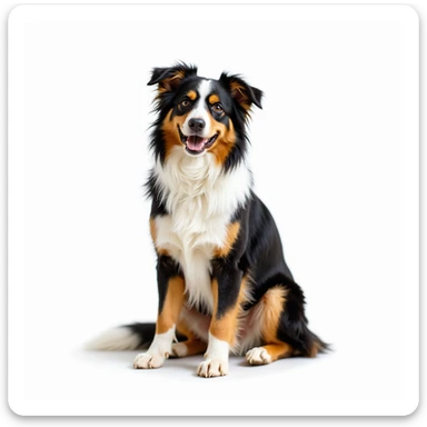 Aussie Shepherd dog, realistic style, friendly expression, fluffy fur, sitting pose, white background sticker