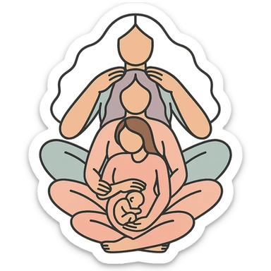 Several generations of women sitting one behind the other as in the reference, all dressed in flesh-colored bodysuits, Chinese Eastern style, icon-color-outlined style with thin clean contours, soft rounded shapes, pastel palette #98B5BC, #B5B3C1, #C9A3C9, #E4C0CA, #F7DCD1, #F7C0AA, expressive shadows and highlights, transparent background, no decoration, less cute. Silhouettes and composition as in the reference. sticker