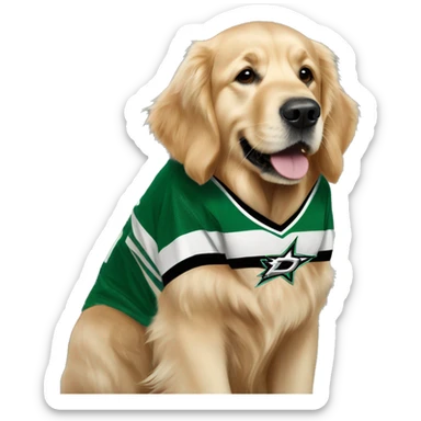 golden retriever in a dallas stars jersey sticker