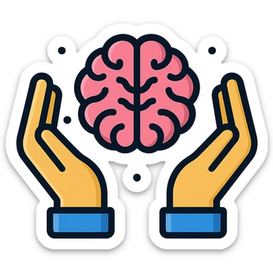 two hands on the sides and a brain in the center icon, clear outlines, strong shadows and highlights, psychosomatics and psychology theme, fun and not too complex sticker