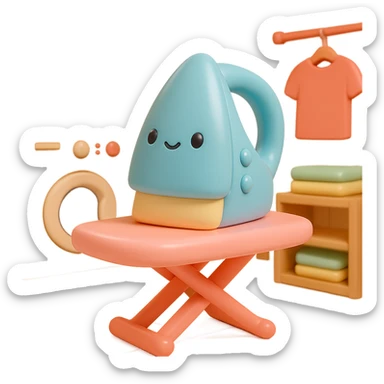Place the vinyl figure style iron and ironing board in a cozy laundry room scene, with playful details and soft lighting, keeping the vinyl-figure look. sticker
