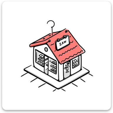 isometric view of a supermarket with a distinctive red tiled roof, glass entrance, and small parking lot sticker