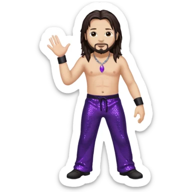 Jonathan Davis with light skin, long dark brown hair, purple sequin pants, shirtless sticker