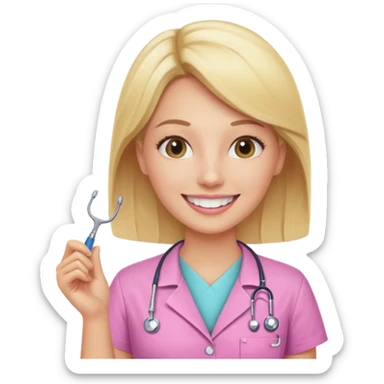 dentista mulher, loira, pele branca, camisa rosa, sorrindo transmitindo verdade e confiança sticker
