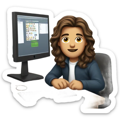 young man with long brown hair working on a mac computer sticker