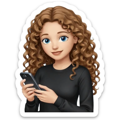 generate a pretty woman with blue eyes, light skin and medium brown long wavy/curly shiny hair holding a phone she is looking at the phone while looking down at the screen. she is wearing an ALL black long sleeve sticker