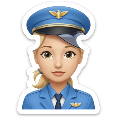 Create an emoji of a female flight attendant with blonde hair tied up, wearing alight blue flight attendant hat and a blue flight attendant uniform. sticker