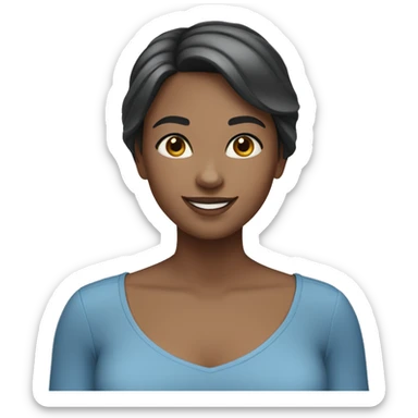 a girl with straight short dark brown hair, gray eyes, in a blue blouse is smiling sticker