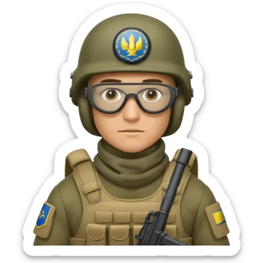Ukrainian Intelligance agency warrior man in platecarrier with nato riffle in helmet, balaclava, poncho and ballistic glasses sticker