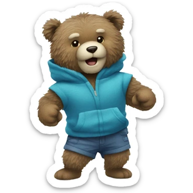 Blue fuzzy bear wearing clothes punching  at camera sticker