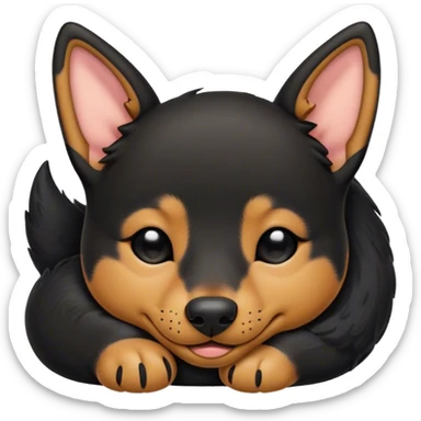 Meme-Worthy Cute Sleeping Black and Tan Kelpie Portrait Emoji, Head resting peacefully with a contented smile, showcasing a delightfully agile build and a luxuriously soft black and tan Fur, eyes shut in a serene nap, Simplified yet hilariously adorable features, highly detailed, glowing with a soft, drowsy light, high shine, relaxed and utterly lovable, stylized with an air of playful laziness, bright and heartwarming, soft glowing outline, capturing the essence of a comically sleepy herder, so meme-worthy it feels like it could instantly become the next viral sensation of adorable slumber! sticker