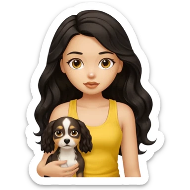 brown pretty bratz girl with long wavy black hair, wearing a yellow tank top with a dog sticker