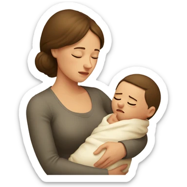 European sad mother with newborn sticker