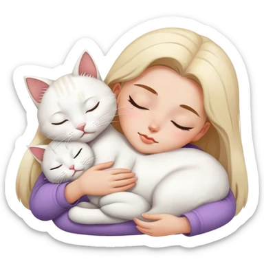 White cat sleeping on girl's with brow hair lap sticker