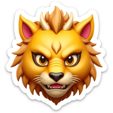 Clash of Clans aesthetic: Cinematic fierce Beast Emoji, rendered in a 3D vector-style similar to standard emojis with minimal shading and bold, simplified shapes. A compact, isometric mythical creature with wild, majestic features and fierce yet endearing eyes, softly glowing with a primal enchanted charm. Simplified yet unmistakably iconic, highly detailed and consistent, glowing with a soft radiant shine and high polish. Stylized with a touch of mythical wildness and a soft glowing outline, capturing the essence of a legendary beast with a friendly, playful allure! sticker