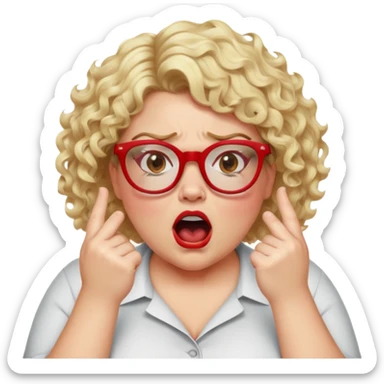 blonde woman with short curly hair, slightly overweight, wearing red-framed glasses, shouting with hands on sides of mouth, angry and proud expression sticker