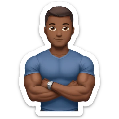 Adult male, dark skin, muscular build, confident smirk, arms crossed, sleek modern casual clothing, assertive pose, strong silhouette, bold shading. sticker