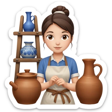Brunette girl with bun, behind pottery wheel sticker