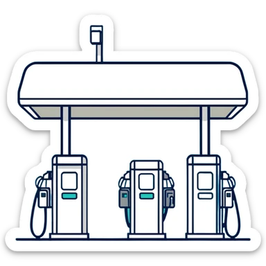 Male gas station attendant standing next to fuel dispenser, minimalist design with soft gradients in sky blue, teal green, white, and light gray sticker