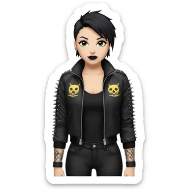 Give Rhea Ripley black hair and a spiked jacket and long black pants with black lipstick and sleeve tattoos sticker