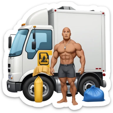 Dwayne the rock Johnson in speedo in front of trash truck sticker