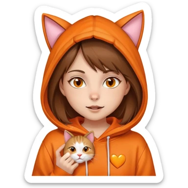 Una niña piel blanca, pelo castaño y lacio, ojos color miel, con un poleron naranja que en el gorro tiene una cara y orejas de gato, mordiendo un corazón naranja  sticker