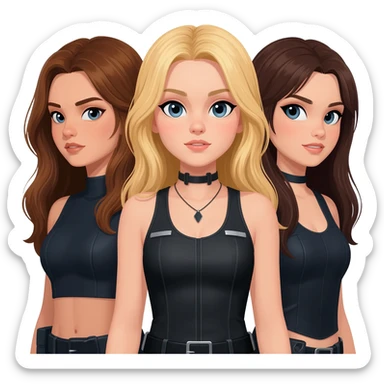 generate three spy girls, a brunette one with long hair, a blond one with long hair and a dark brown long hair sticker