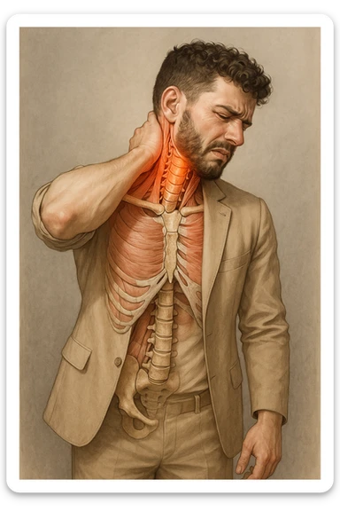 Uomo con dolore per infortunio vista anatomica in piedi con dolori cervicali sticker