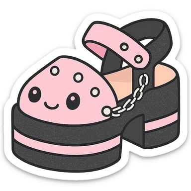 Add a subtle glitter effect to the black-to-pastel pink gradient platform sandals with silver studs and chains, kawaii style, no socks, no hearts, transparent background sticker