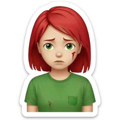 Young girl with red, damaged, and unattractive hair, wearing a green T-shirt, with a sad and subdued expression. sticker