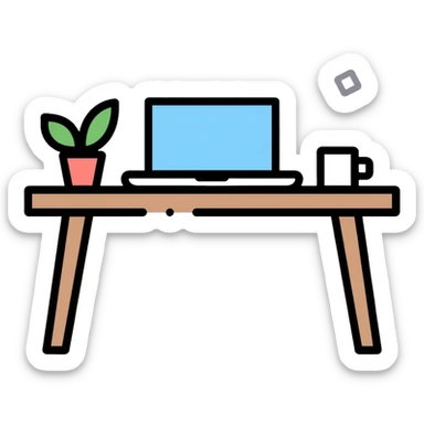 A neat desk workspace with an open laptop, coffee mug, and a small potted plant, minimalist and organized sticker