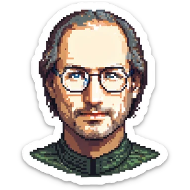 portrait of Steve Jobs with iconic round glasses and stubble, neutral background, pixel art style sticker