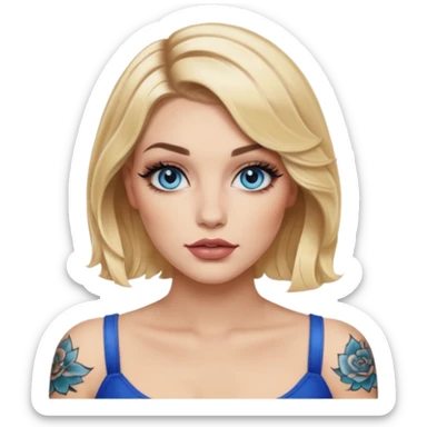 Woman, Blonde hair wavy Medium blunt bob, blue eyes, makeup Smokey lid with doe lashes, fuller glossy lips, tattoo on arms, wearing black sticker
