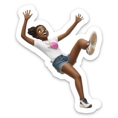 girl falling on puddle of paint on legs are white sticker