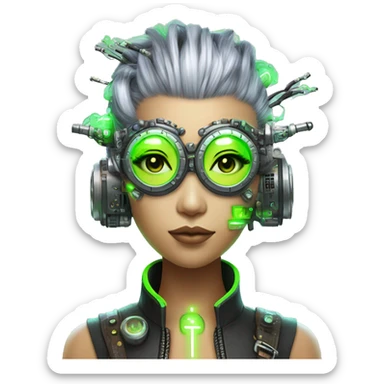 Neon green Mohawk hair Asian female cyborg head with silver steampunk goggles and circuits sticker
