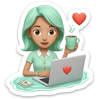 3D clay character relaxed with laptop and coffee, floating icons (envelope, heart, dollar), mint green (#34D399) outfit, coral (#FF7F6B) floating icons, white laptop, Pixar style, transparent background sticker